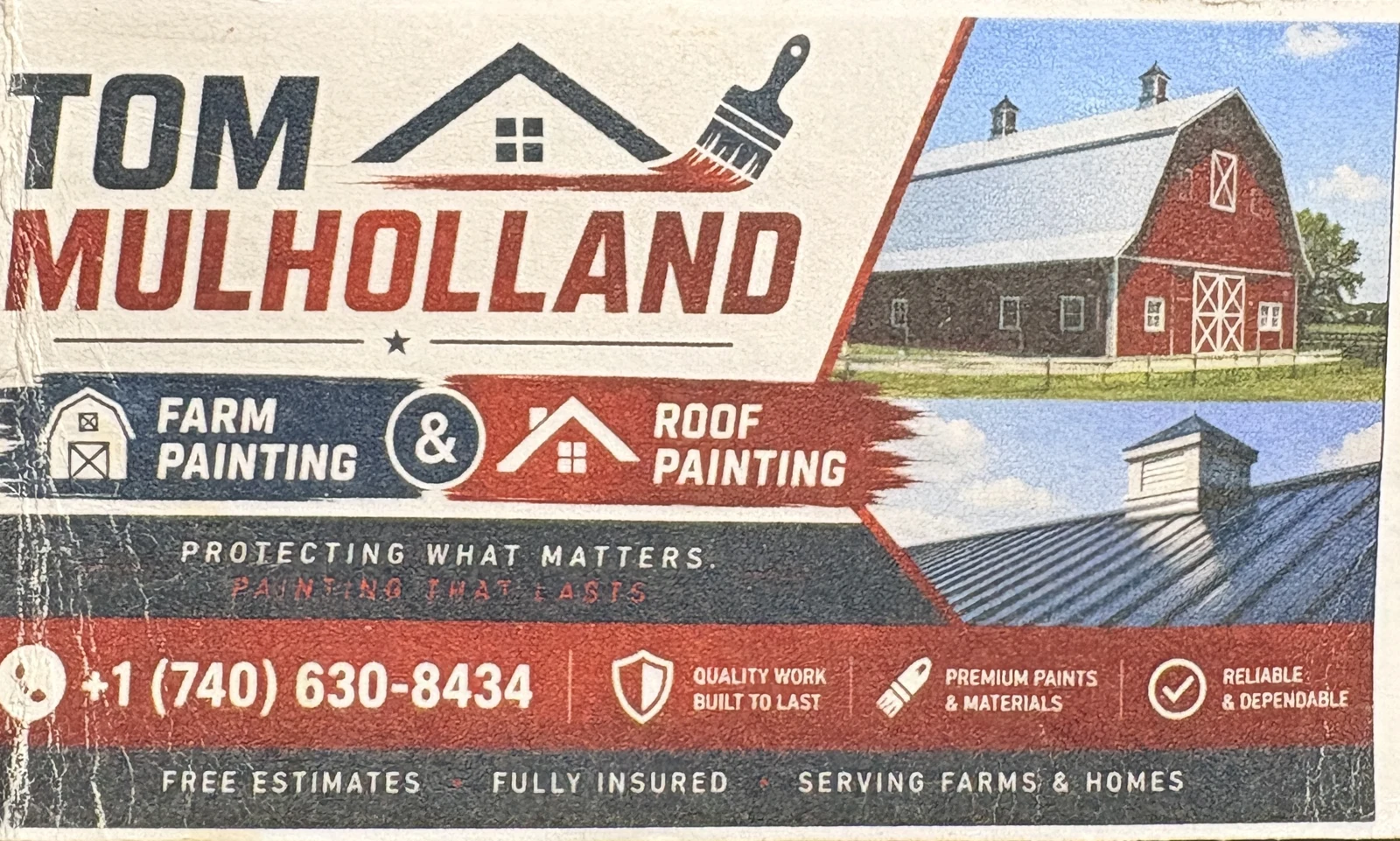 Tom Mulholland Farm Painting and Roof Painting business card: 740-630-8434, free estimates, fully insured, serving farms and homes